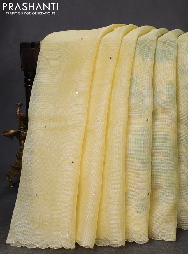 Pure silk kota saree pale yellow with sequin buttas and scallop design border Kalamkari prints pita work blouse