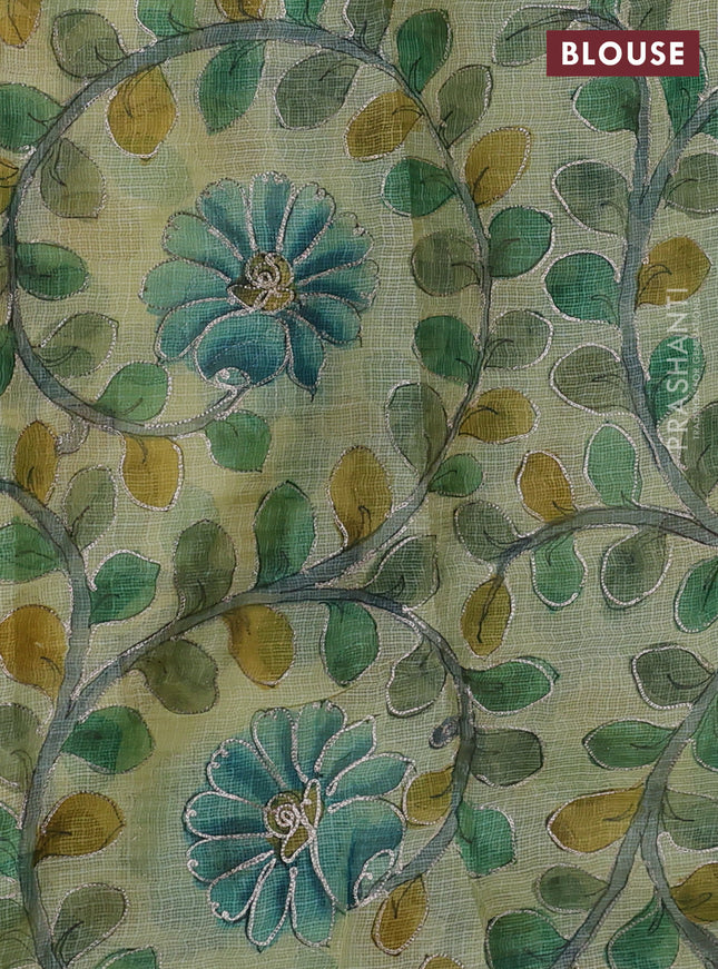 Pure silk kota saree pale yellow with sequin buttas and scallop design border Kalamkari prints pita work blouse