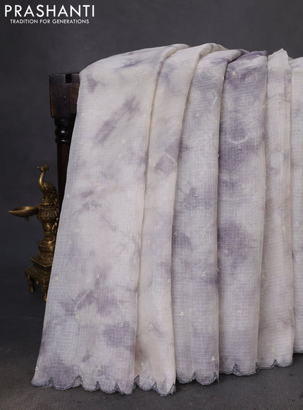 Pure silk kota saree off white and grey with tie & dye beads work and embroidery scallop border Embroidery blouse