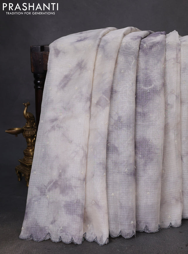 Pure silk kota saree off white and grey with tie & dye beads work and embroidery scallop border Embroidery blouse