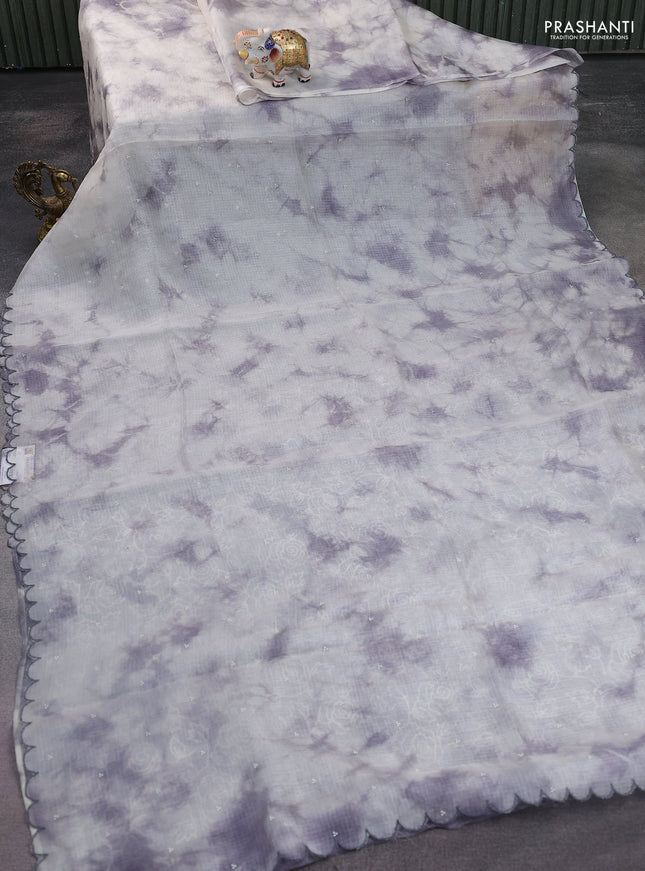 Pure silk kota saree off white and grey with tie & dye beads work and embroidery scallop border Embroidery blouse