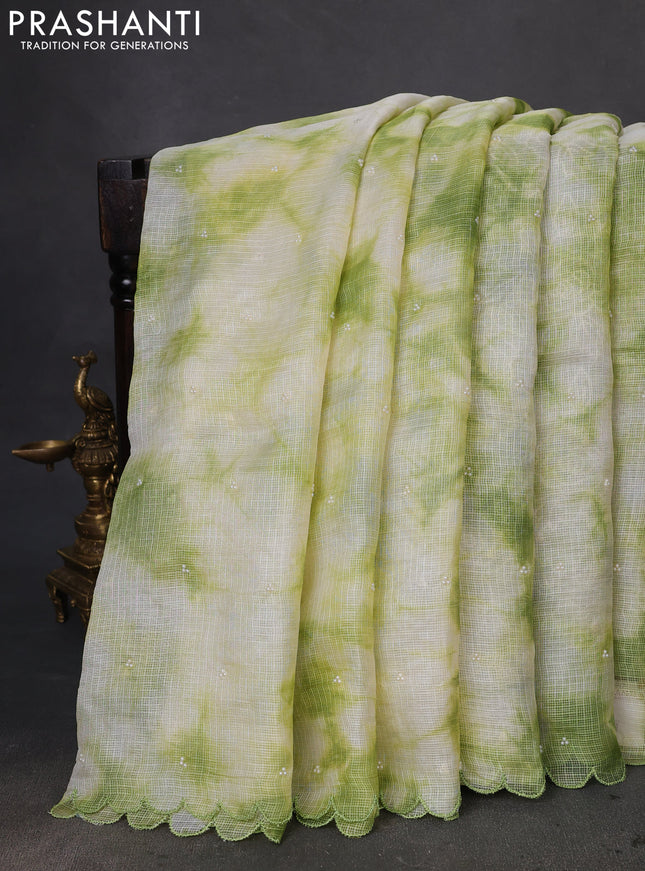 Pure silk kota saree cream and light green with tie & dye beads work and embroidery scallop border Embroidery blouse