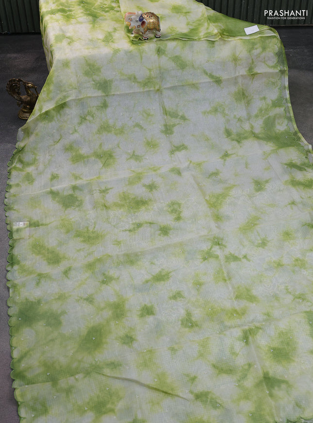 Pure silk kota saree cream and light green with tie & dye beads work and embroidery scallop border Embroidery blouse