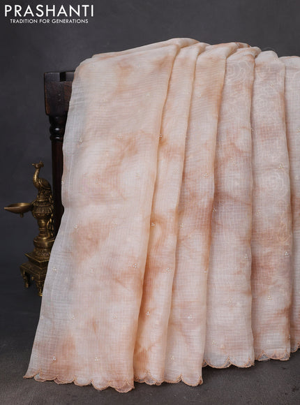 Pure silk kota saree off white and pastel brown with tie & dye beads work and embroidery scallop border Embroidery blouse