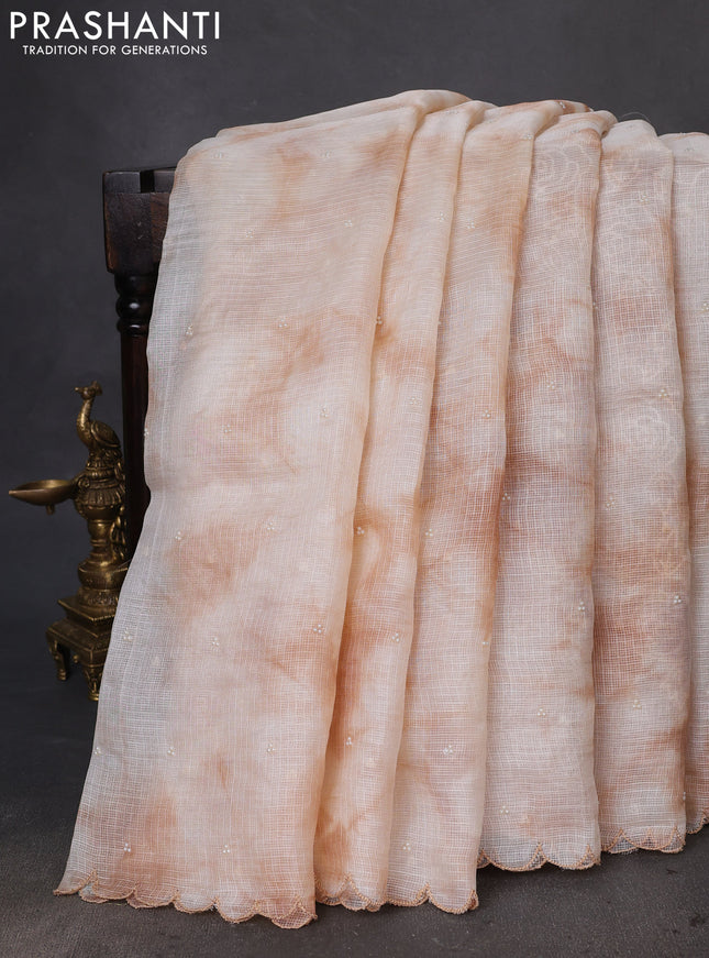 Pure silk kota saree off white and pastel brown with tie & dye beads work and embroidery scallop border Embroidery blouse