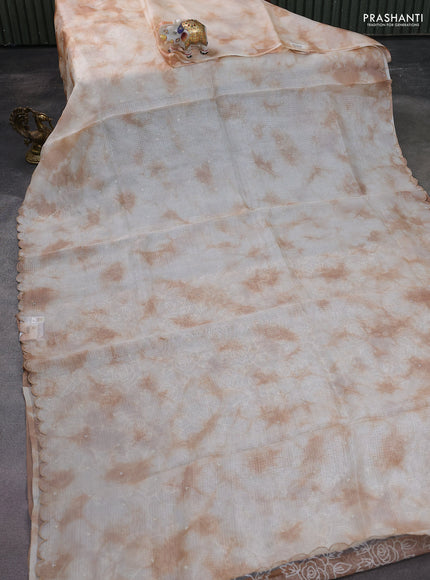 Pure silk kota saree off white and pastel brown with tie & dye beads work and embroidery scallop border Embroidery blouse