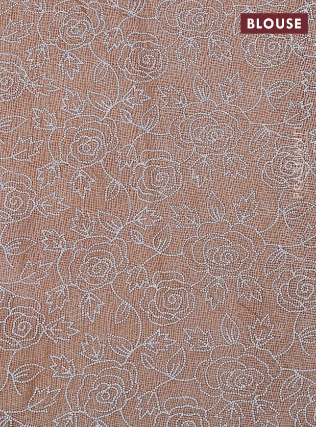 Pure silk kota saree off white and pastel brown with tie & dye beads work and embroidery scallop border Embroidery blouse