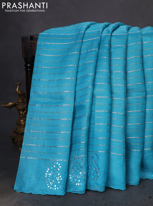 Pure silk kota saree teal blue with allover zari weaves and paisley mirror embroidery border