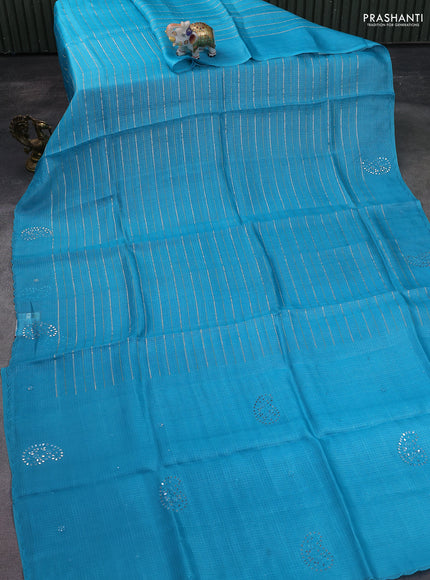 Pure silk kota saree teal blue with allover zari weaves and paisley mirror embroidery border