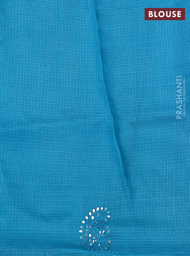 Pure silk kota saree teal blue with allover zari weaves and paisley mirror embroidery border