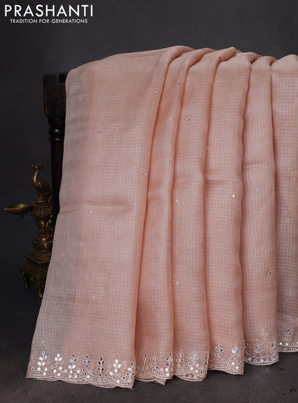 Pure silk kota saree sandal with mirror embrodery buttas and mirror embriodery border