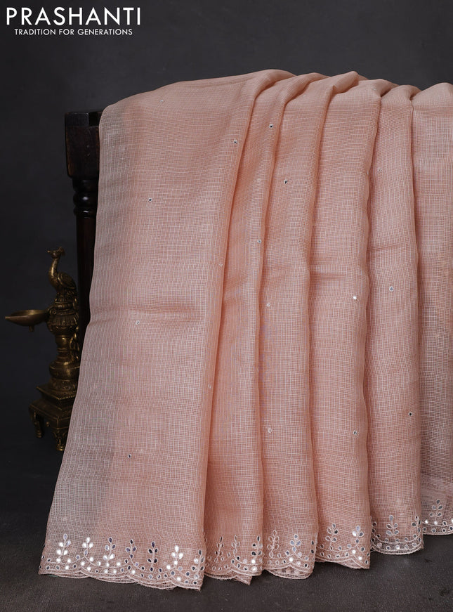 Pure silk kota saree sandal with mirror embrodery buttas and mirror embriodery border