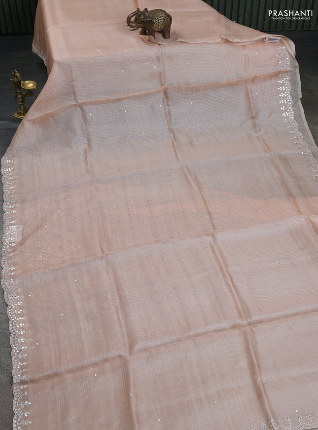 Pure silk kota saree sandal with mirror embrodery buttas and mirror embriodery border