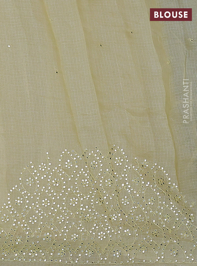 Pure silk kota saree pale yellow with mirror embrodery buttas and mirror embriodery border
