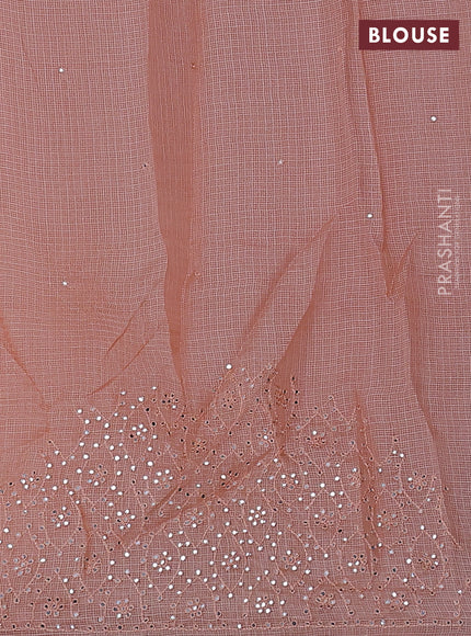 Pure silk kota saree peach shade with mirror embrodery buttas and mirror embriodery border