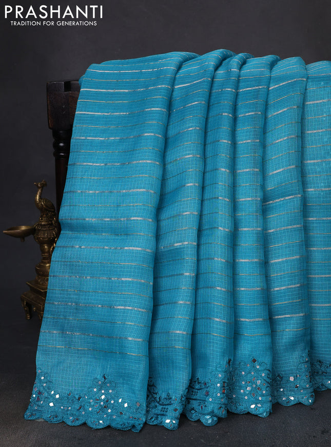Pure silk kota saree blue with allover zari weaves and mirror embriodery border