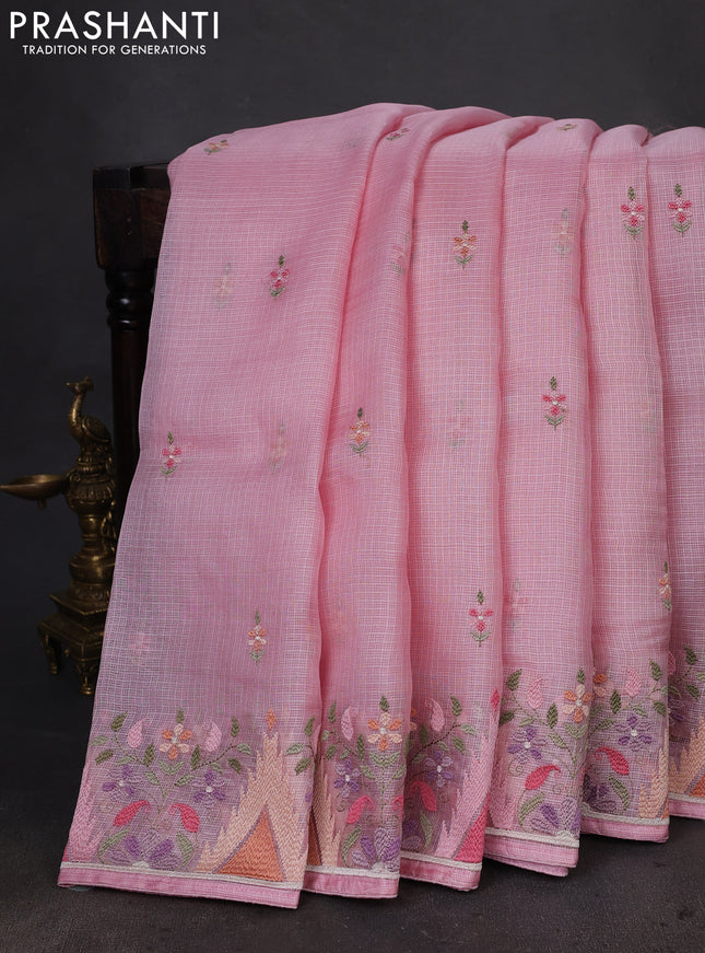 Pure silk kota saree light pink with embroidery buttas and embroidery border