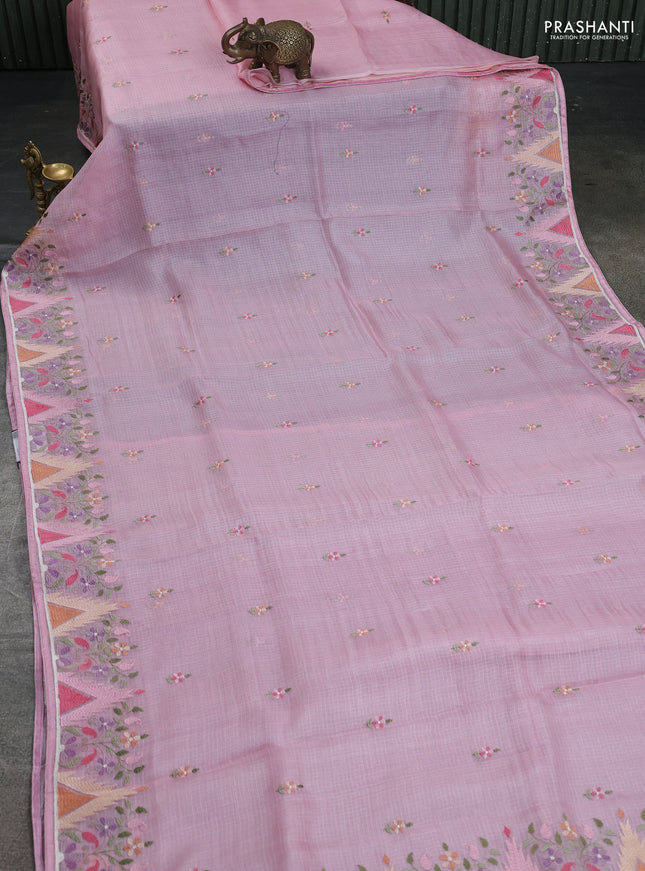 Pure silk kota saree light pink with embroidery buttas and embroidery border