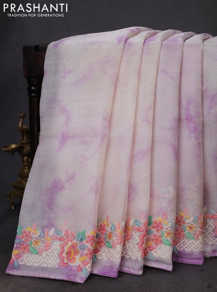 Pure silk kota saree off white and lavender with tie & dye prints and floral design embroidery border