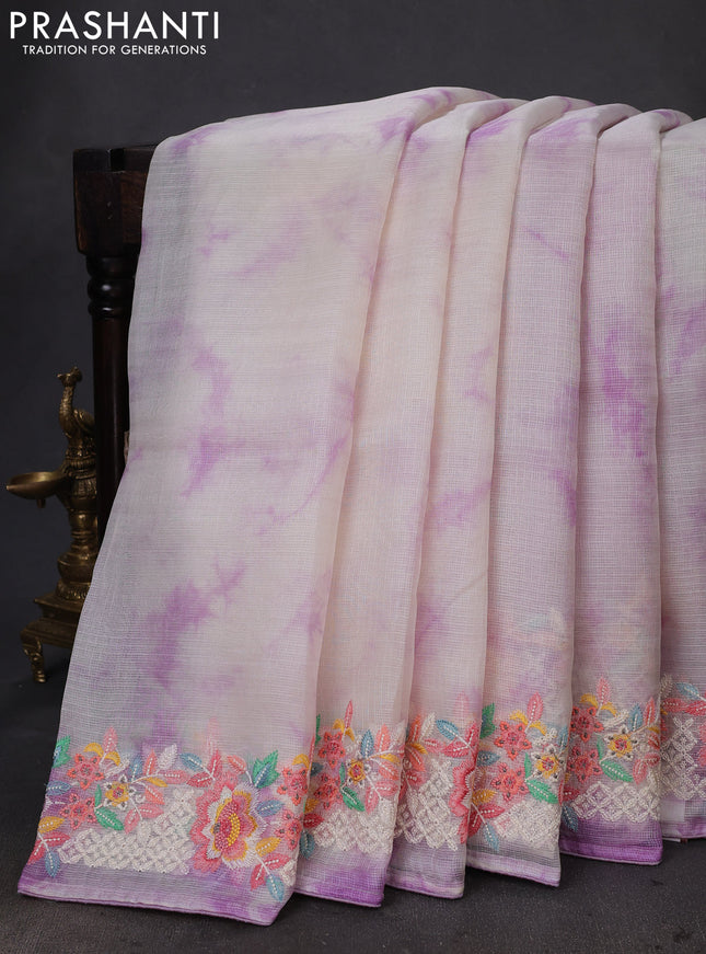 Pure silk kota saree off white and lavender with tie & dye prints and floral design embroidery border