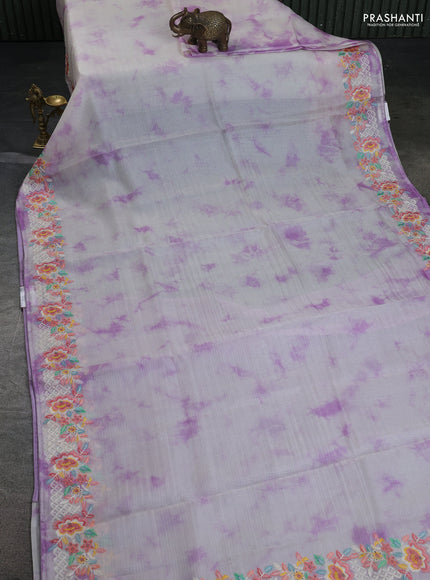 Pure silk kota saree off white and lavender with tie & dye prints and floral design embroidery border