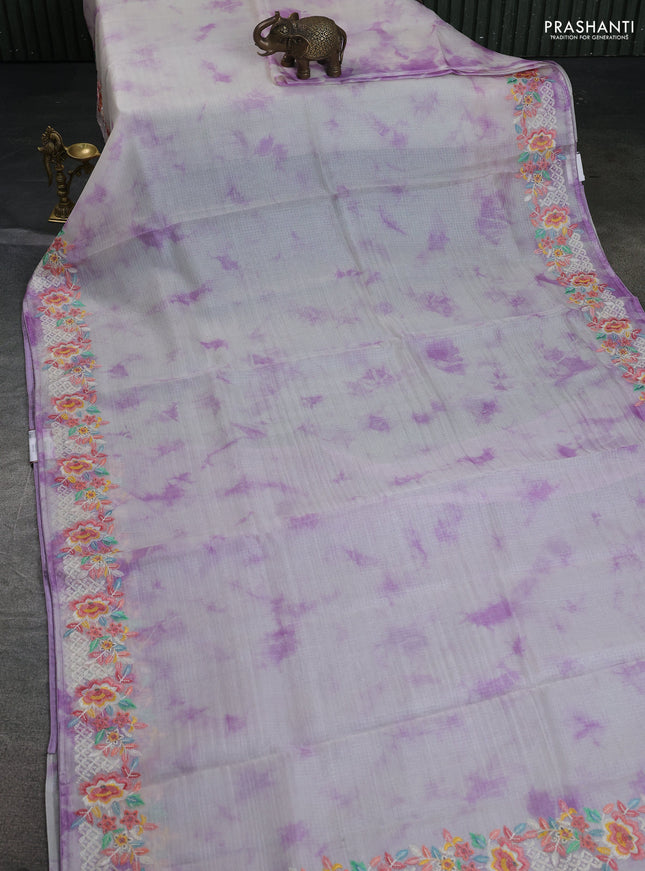 Pure silk kota saree off white and lavender with tie & dye prints and floral design embroidery border