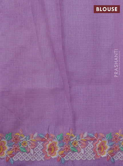 Pure silk kota saree off white and lavender with tie & dye prints and floral design embroidery border