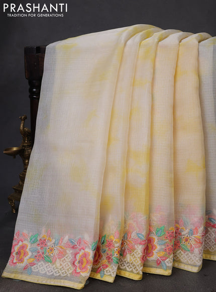Pure silk kota saree cream and pale yellow with tie & dye prints and floral design embroidery border