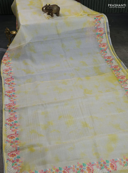 Pure silk kota saree cream and pale yellow with tie & dye prints and floral design embroidery border
