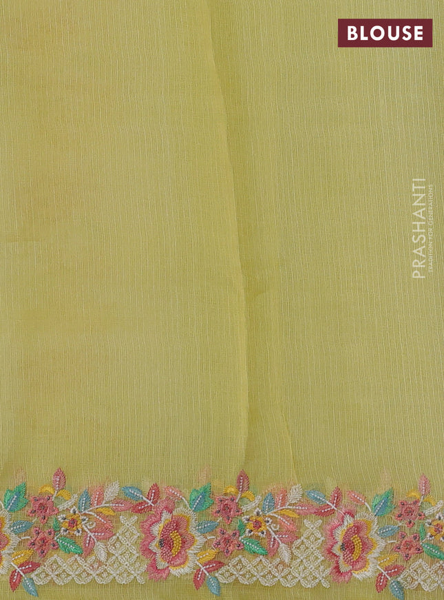Pure silk kota saree cream and pale yellow with tie & dye prints and floral design embroidery border