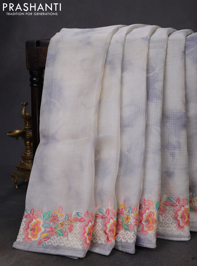 Pure silk kota saree pastel grey and grey with tie & dye prints and floral design embroidery border