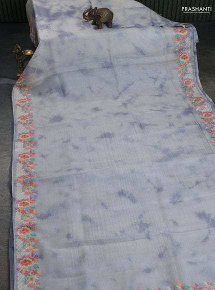 Pure silk kota saree pastel grey and grey with tie & dye prints and floral design embroidery border