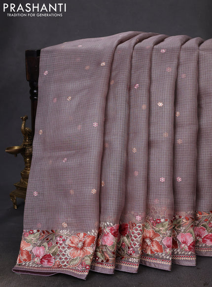 Pure silk kota saree pastel mauve pink with embroidery buttas and floral design embroidery border