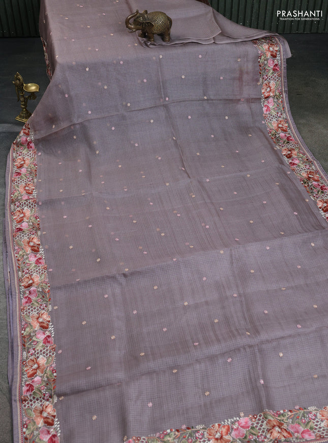 Pure silk kota saree pastel mauve pink with embroidery buttas and floral design embroidery border
