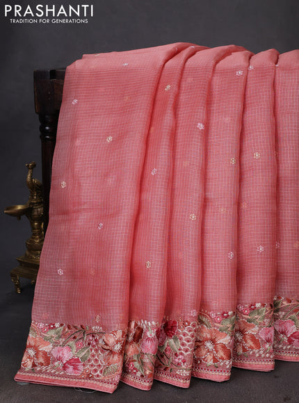 Pure silk kota saree dark peach with embroidery buttas and floral design embroidery border