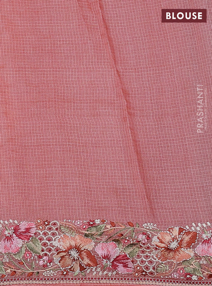 Pure silk kota saree dark peach with embroidery buttas and floral design embroidery border