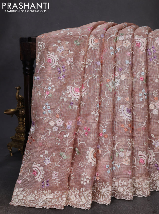 Pure silk kota saree pastel brown with allover parsi work and embroidery scallop border