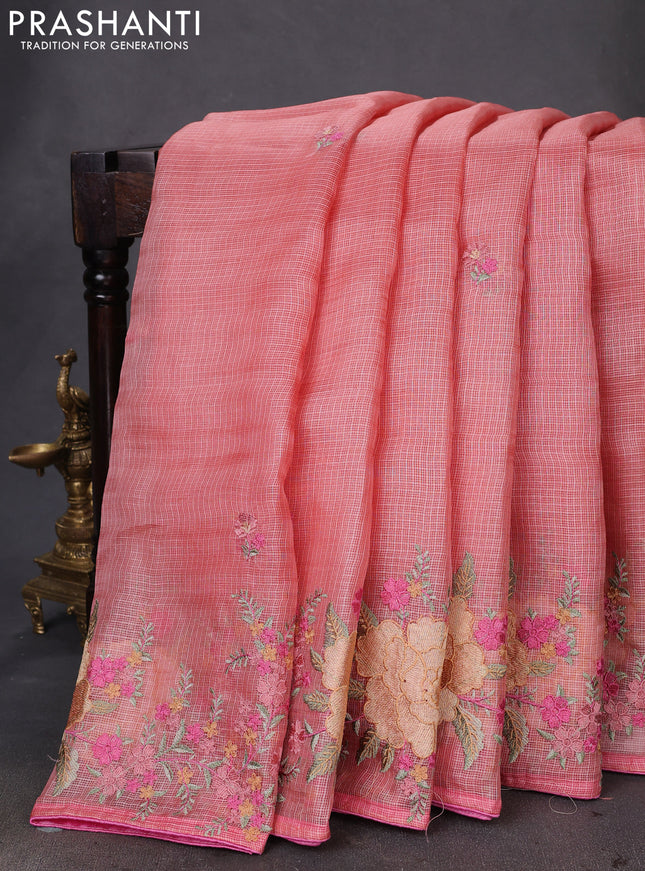 Pure silk kota saree dark peach and light pink with embroidery buttas and floral design embroidery border