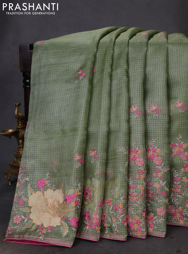 Pure silk kota saree pastel green and light pink with embroidery buttas and floral design embroidery border