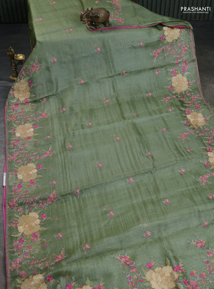 Pure silk kota saree pastel green and light pink with embroidery buttas and floral design embroidery border