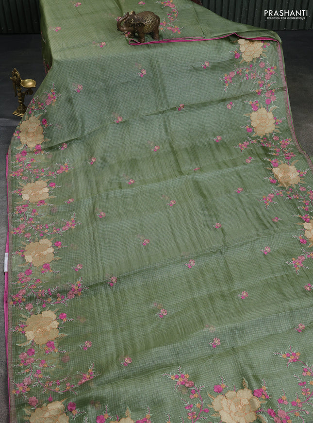 Pure silk kota saree pastel green and light pink with embroidery buttas and floral design embroidery border