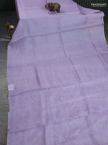 Pure silk kota saree lavender with sequin buttas and scallop design border and kalamkari prints pita work blouse
