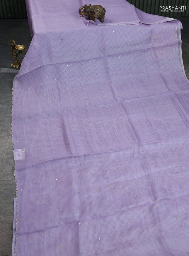Pure silk kota saree lavender with sequin buttas and scallop design border and kalamkari prints pita work blouse