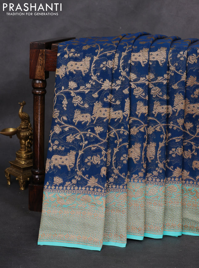Banarasi georgette saree peacock blue and teal blue with allover thread & zari pichwai weaves and woven border