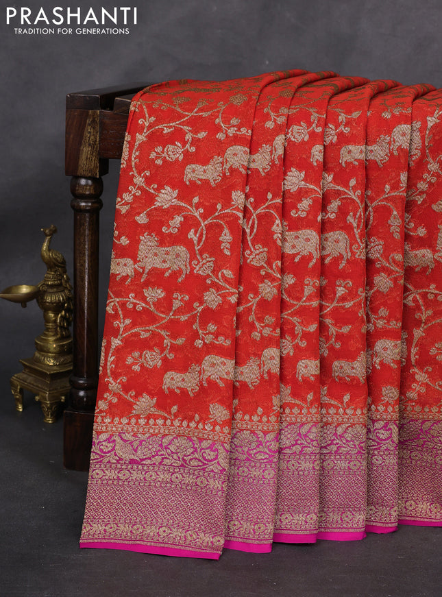 Banarasi georgette saree orange and pink with allover thread & zari pichwai weaves and woven border