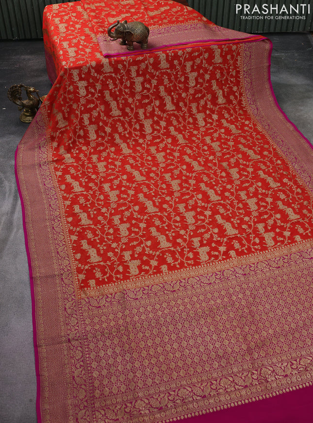 Banarasi georgette saree orange and pink with allover thread & zari pichwai weaves and woven border