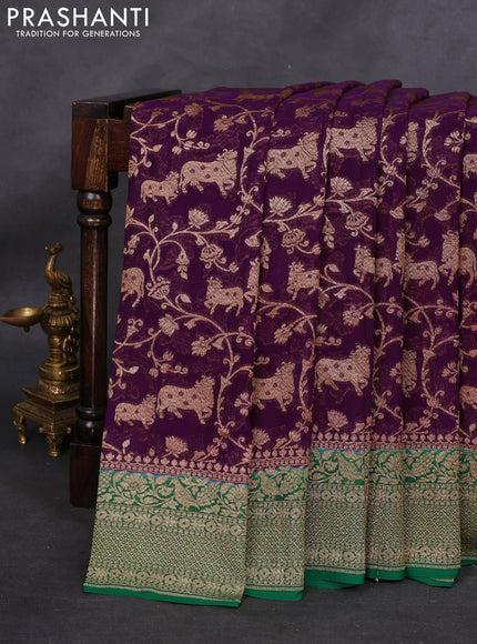 Banarasi georgette saree purple and green with allover thread & zari pichwai weaves and woven border
