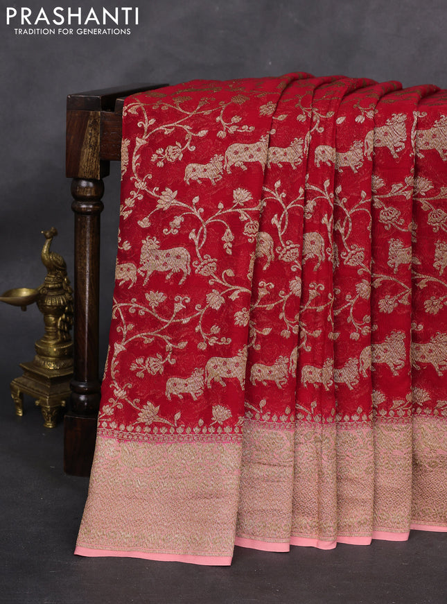 Banarasi georgette saree red and peach shade with allover thread & zari pichwai weaves and woven border