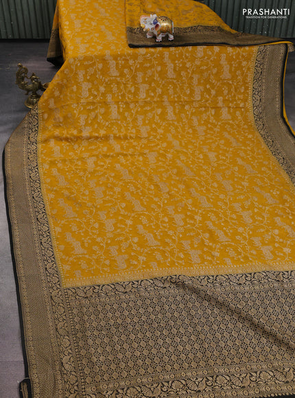 Banarasi georgette saree mustard yellow and black with allover thread & zari pichwai weaves and woven border