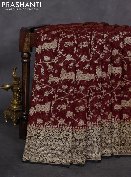 Banarasi georgette saree maroon and black with allover thread & zari weaves and woven border
